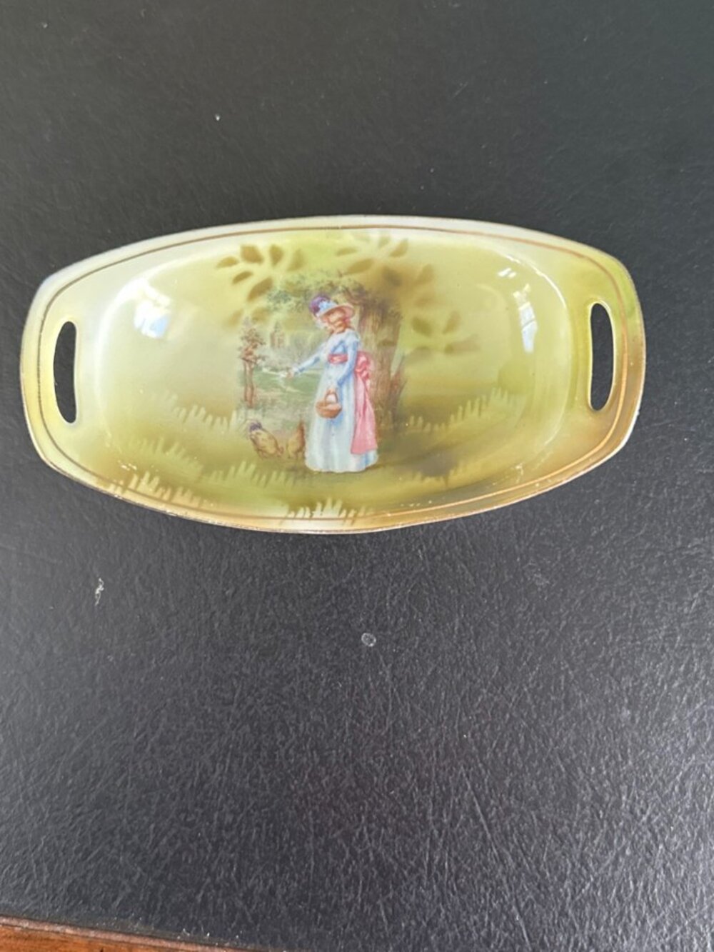 RS Germany Porcelain Trinket Dish, Early 1900s antique Lady Feeding Chickens